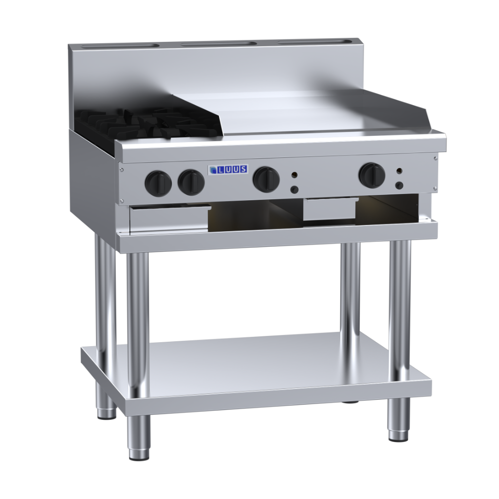 Luus 2 Burner 600mm Griddle Cooktop with flame failure, legs & shelf