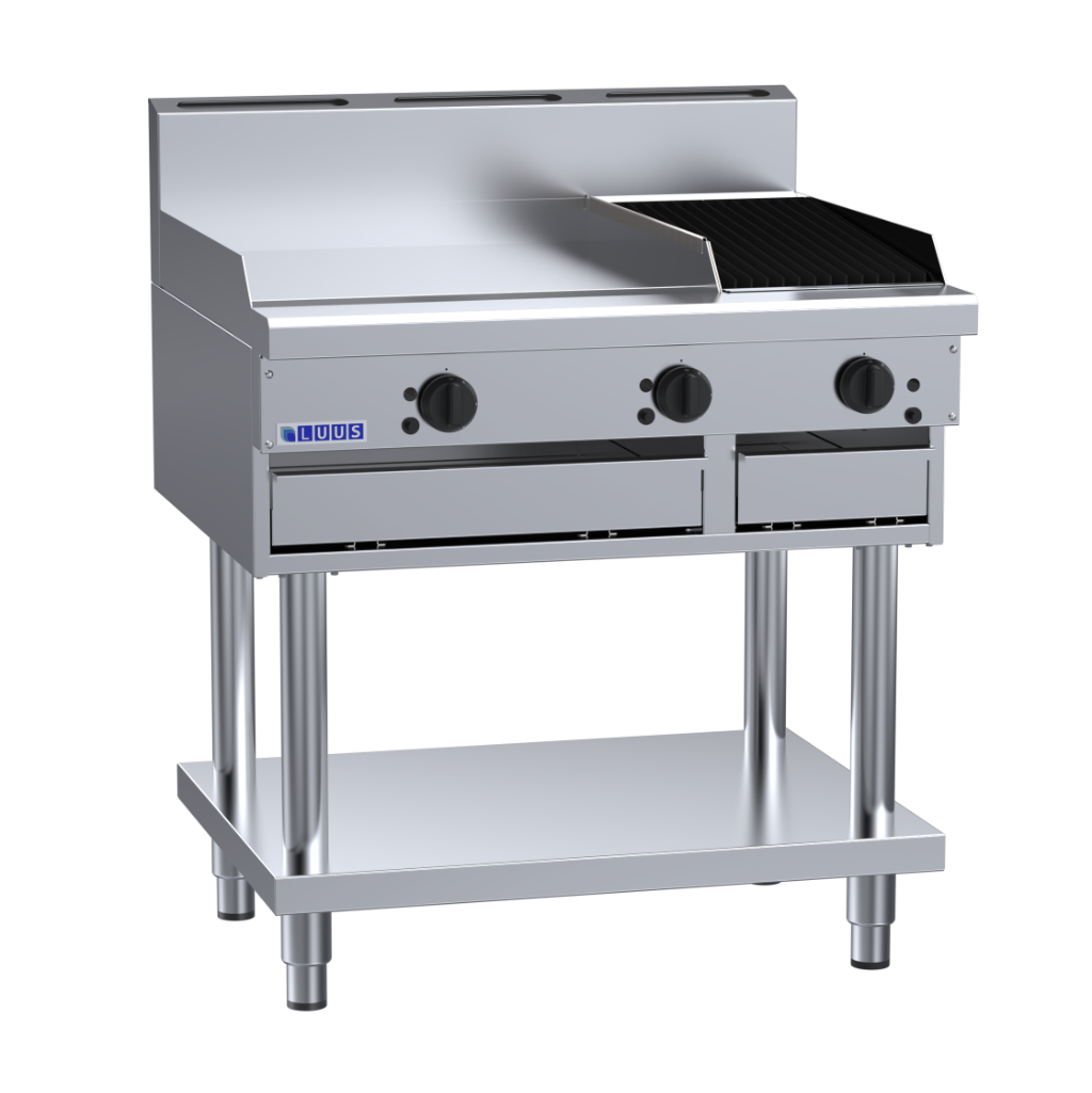Luus 600mm Griddle 300mm Chargrill Combination with legs & shelf