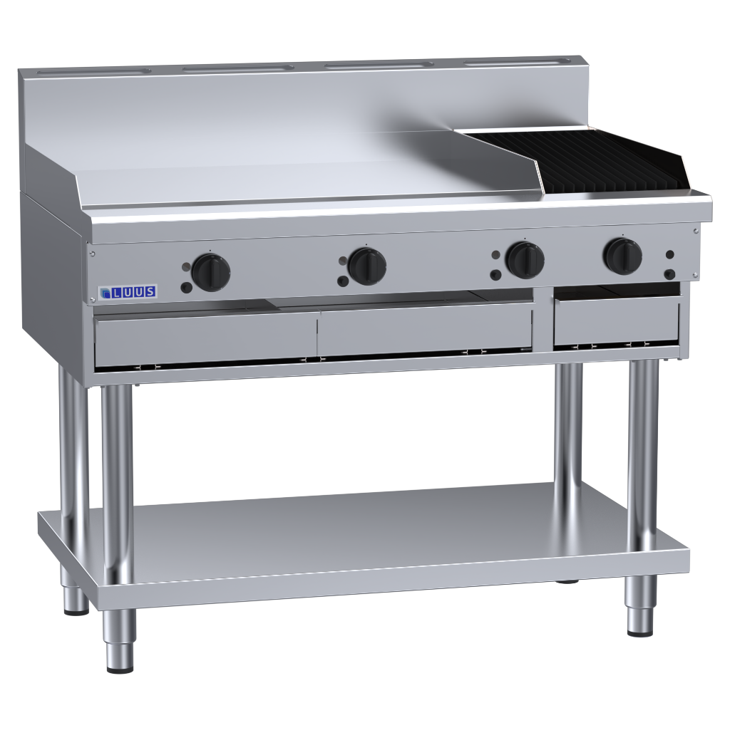 Luus 900mm Griddle 300mm Chargrill Combination with legs & shelf